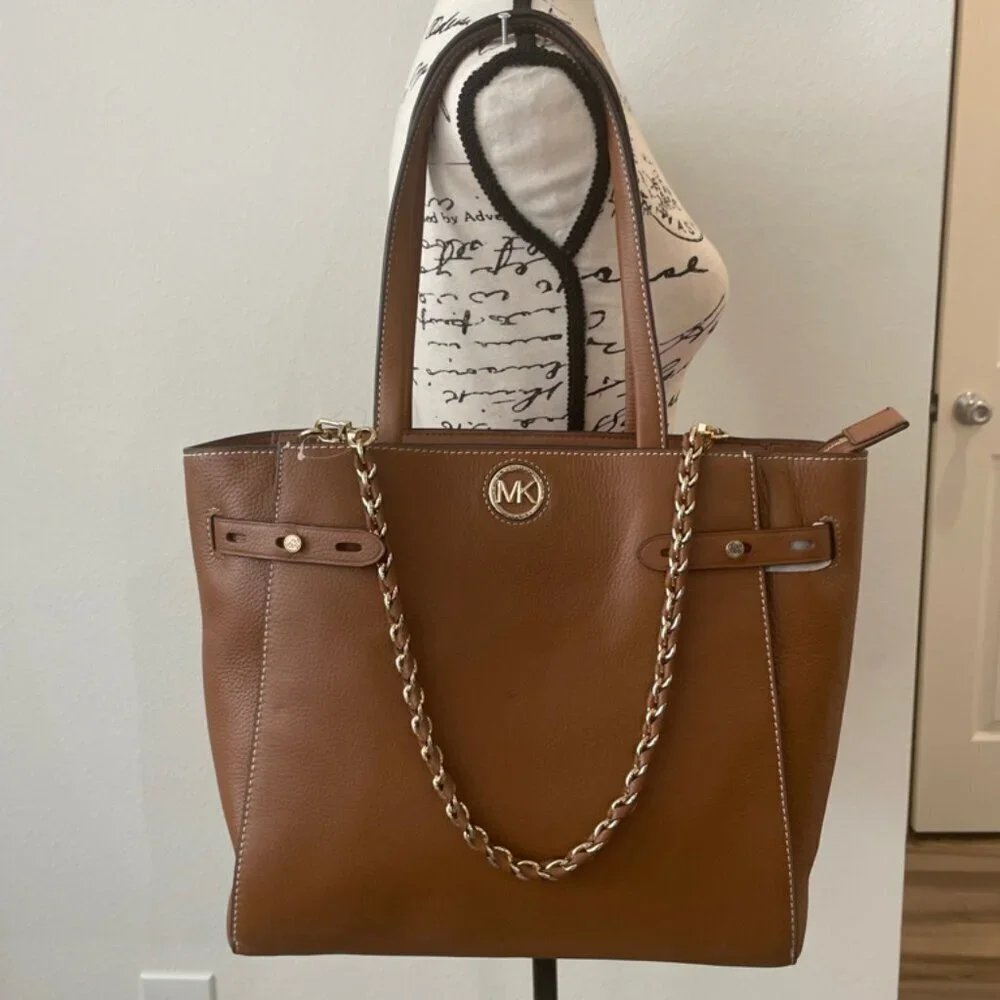 MICHAEL KORS CARMEN LARGE TOTE PEBBLE LEATHER CHESTNUT‎ GOLD VERSATILE CARRY ALL